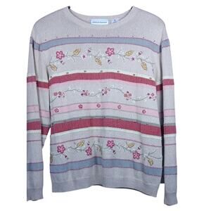 Vintage Alfred Dunner Medium Floral Embroidered Striped Sweater Grannycore Beads